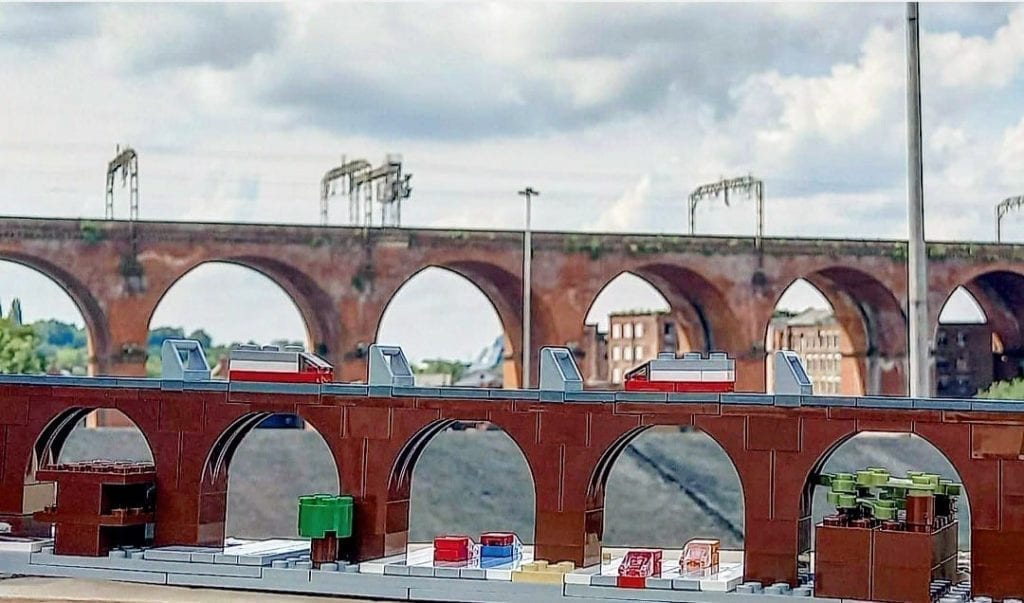Lego Donations needed for Pure Bricks Studio! 1 Model of Stockport Viaduct in Lego in front of the original